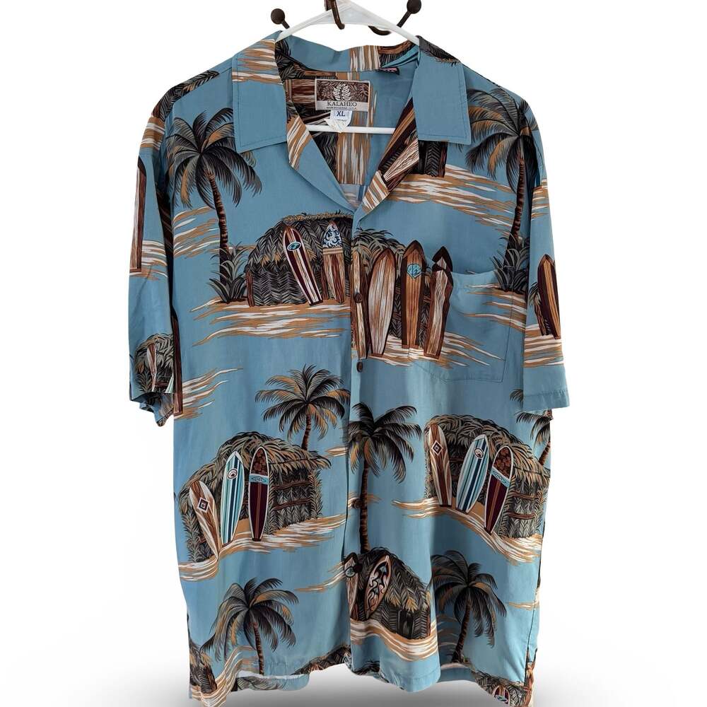 Kalaheo Men's XL Blue Hawaiian Rayon Shirt Surfboards and Beach Shack Made in US